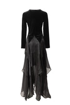Velvet Satin Asymmetrical Tiered Maxi Dress with Floral Brooch SP10081