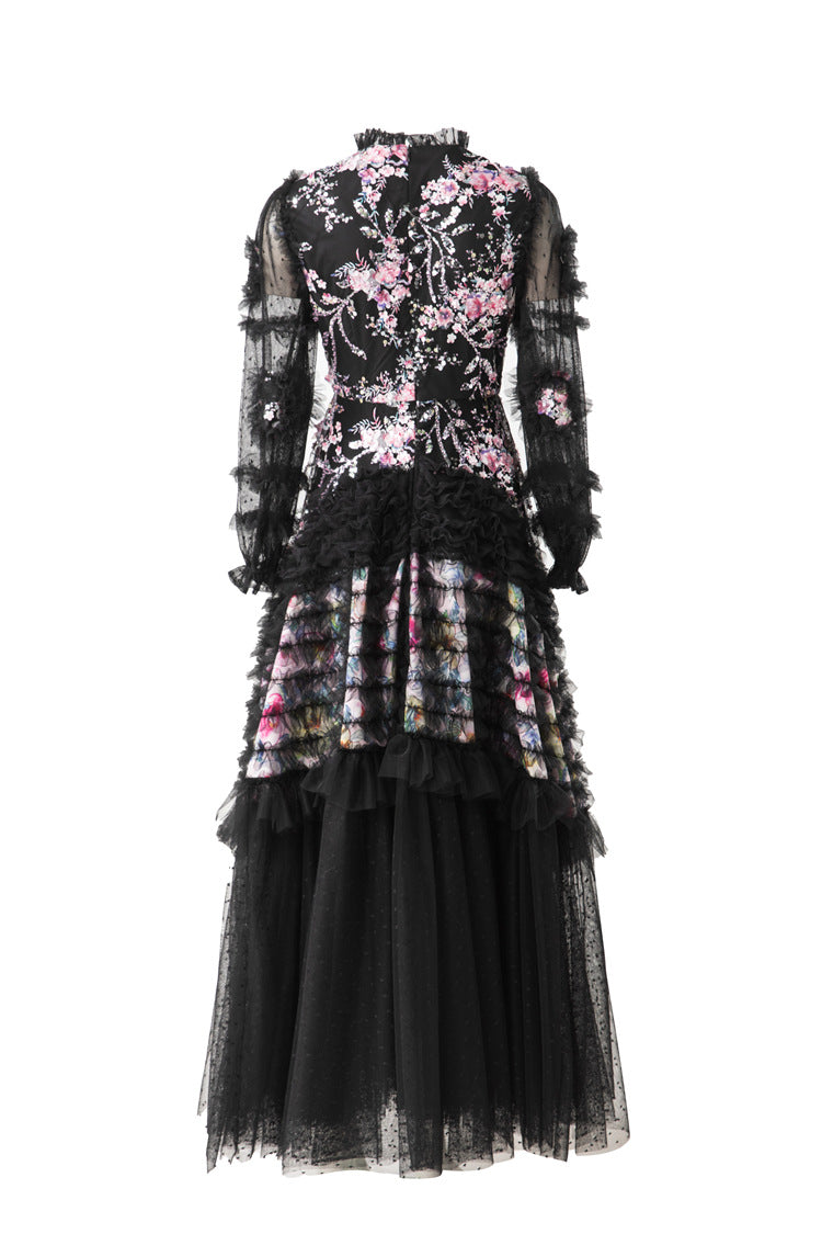 Ruffled High Neck 3D Floral Tiered Tulle Maxi Dress SP10083