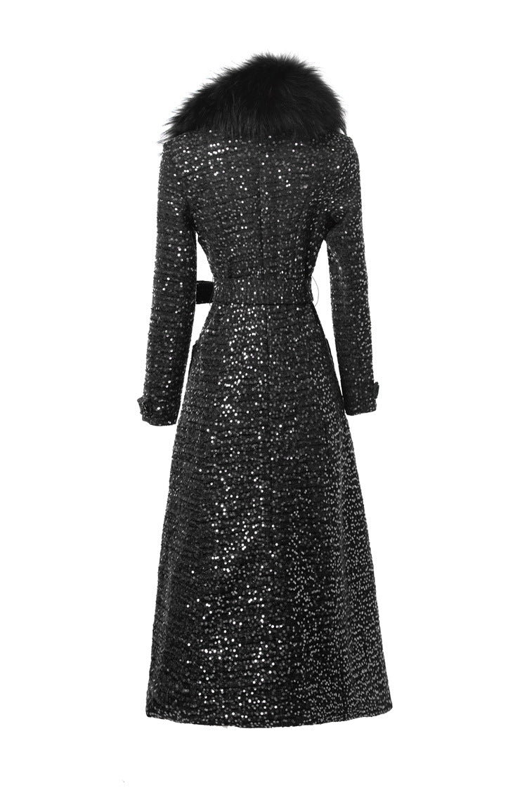Sequin Embellished Belted Maxi Trench Coat – French Luxury Winter Overcoat SP10027