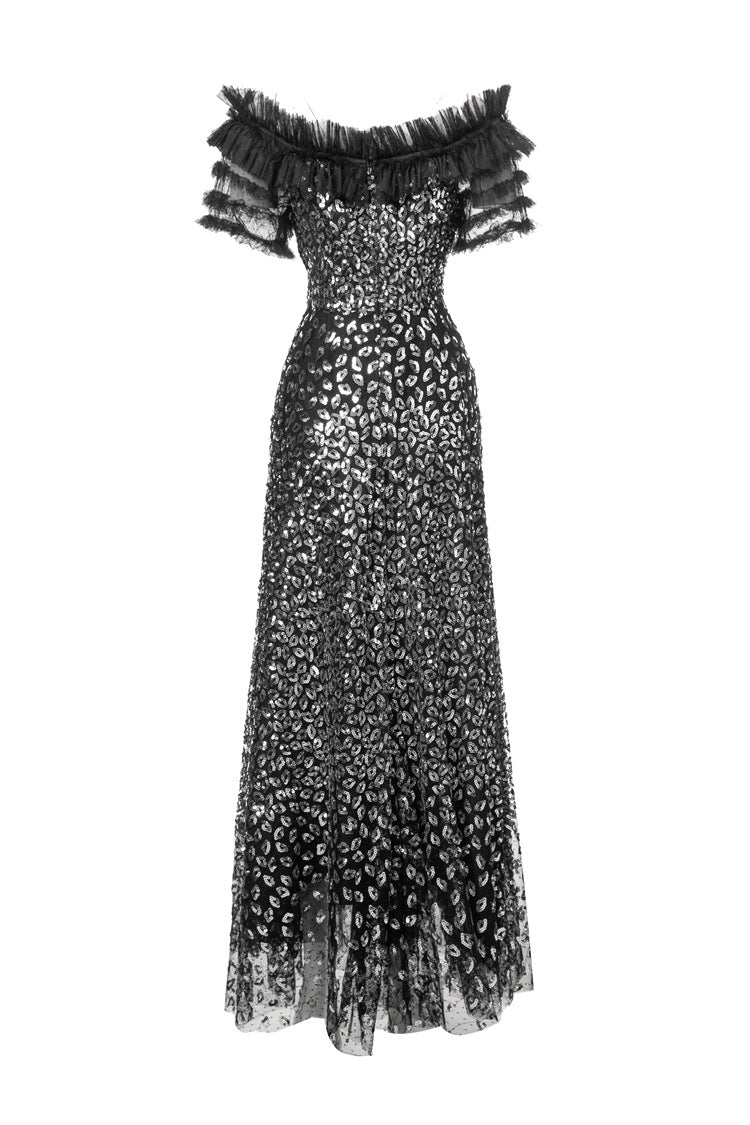 Black & Silver Sequin Off-Shoulder Mermaid Maxi Gown SP10024
