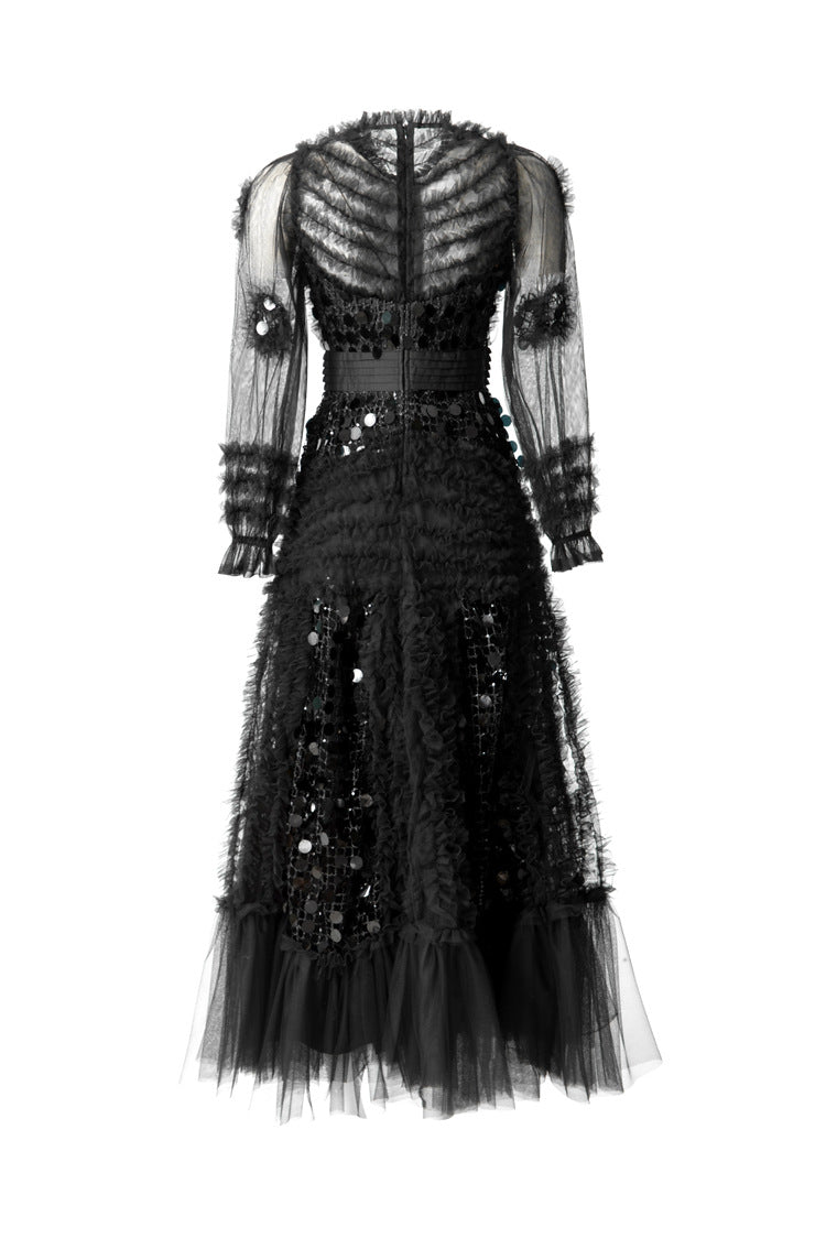Black Sequin Ruffled Tiered Tulle Maxi Dress SP10062