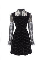 Black Velvet Mini Dress with Rhinestone Collar & Sheer Mesh Polka Dot Sleeves SP10110