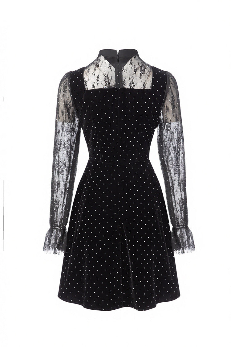 Black Velvet Mini Dress with Rhinestone Collar & Sheer Mesh Polka Dot Sleeves SP10110
