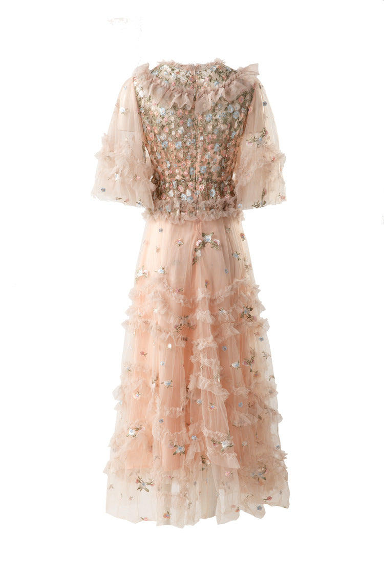 Ruffled Neck 3D Floral Tiered Tulle Maxi Dress SP10077