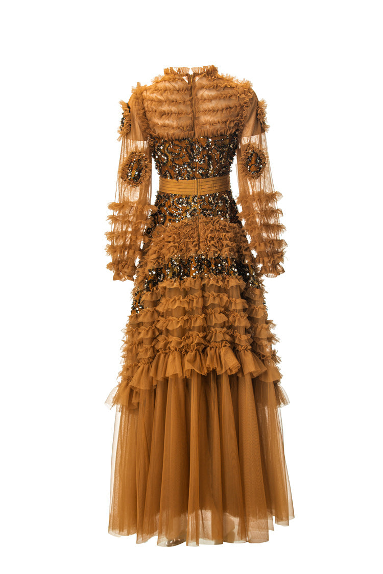 Caramel Sequin Ruffled Tulle Tiered Maxi Gown – Formal Evening Dress SP10005