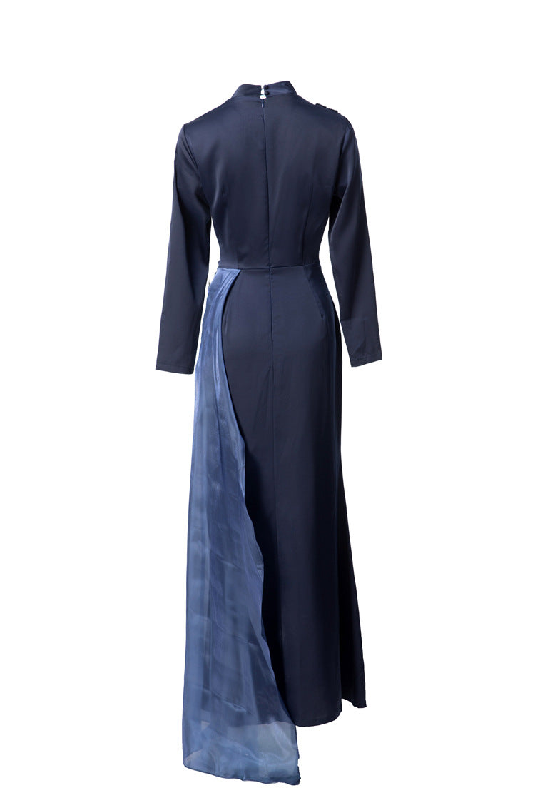 Navy Blue Satin High Neck Evening Gown with Beaded Floral Tassels SP10104