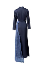 Navy Blue Satin High Neck Evening Gown with Beaded Floral Tassels SP10104
