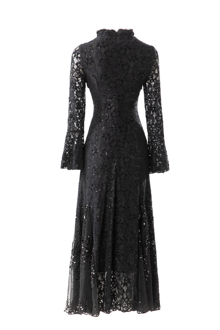Furry Collar Sequin Lace Mermaid Maxi Dress SP10073