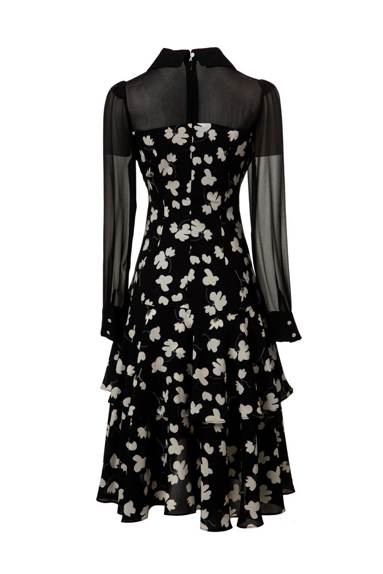 Black Floral Chiffon Sheer Sleeve Midi Dress SP10025