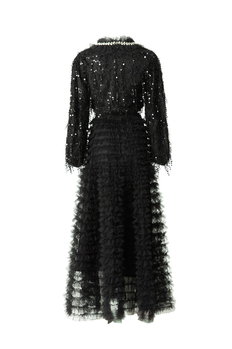 Black Sequin Fringed Tiered Tulle Maxi Dress SP10050