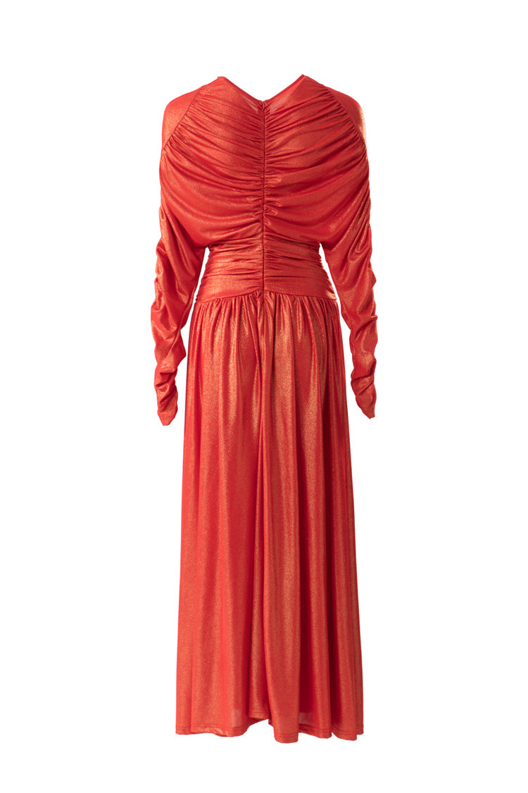 Metallic Ruched Waist Flared Maxi Dress SP10087