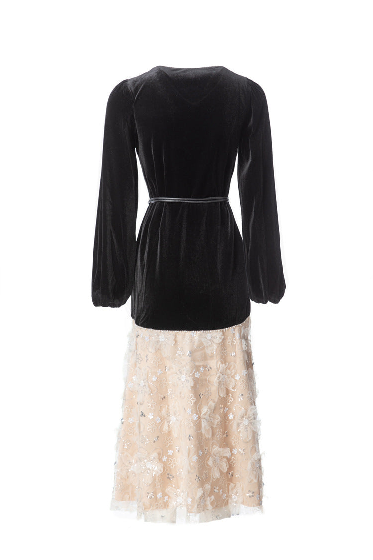 Velvet V-Neck Lace Patchwork Midi Dress SP10090