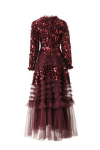 Burgundy Sequin Ruffled Tulle Tiered Maxi Evening Dress SP10016