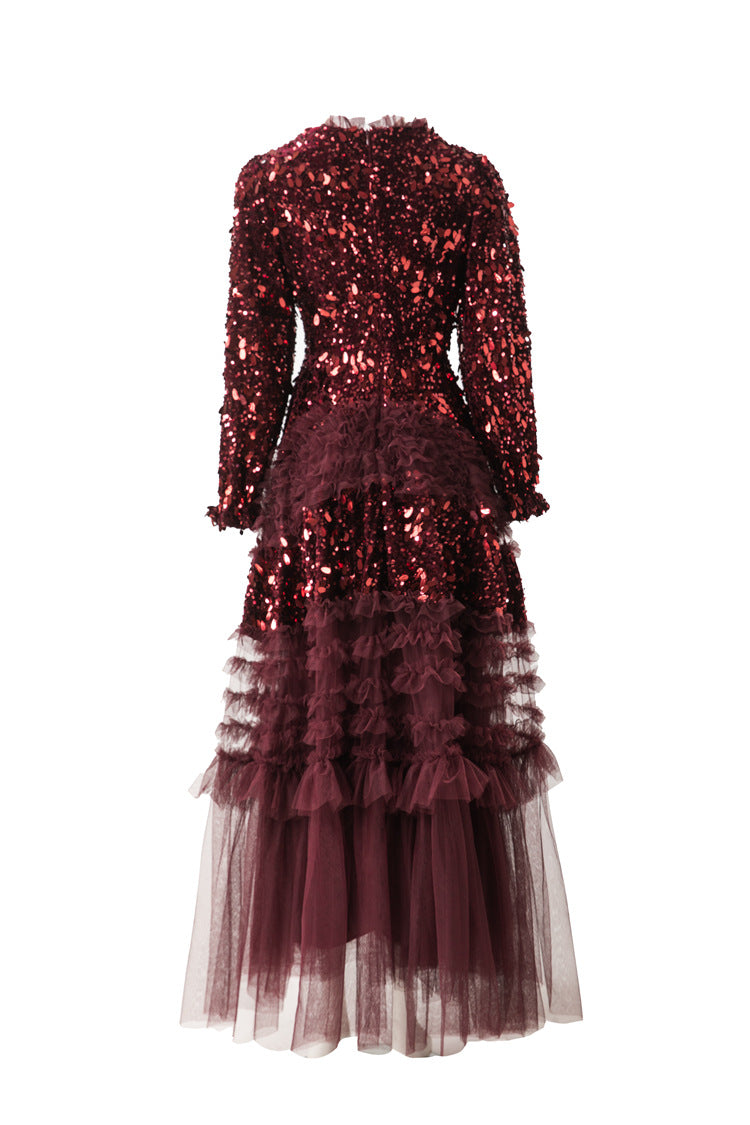 Burgundy Sequin Ruffled Tulle Tiered Maxi Evening Dress SP10016