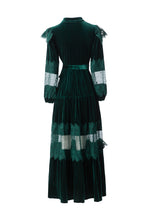 Women's Vintage Court Style Velvet Maxi Dress, Ruffle Lace Hollow Out Patchwork Long Sleeve Pearl Button Formal Evening Gown SP10103