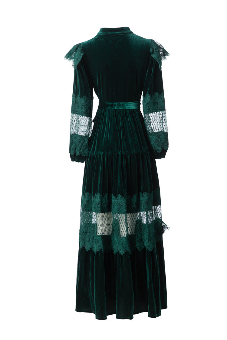 Women's Vintage Court Style Velvet Maxi Dress, Ruffle Lace Hollow Out Patchwork Long Sleeve Pearl Button Formal Evening Gown SP10103