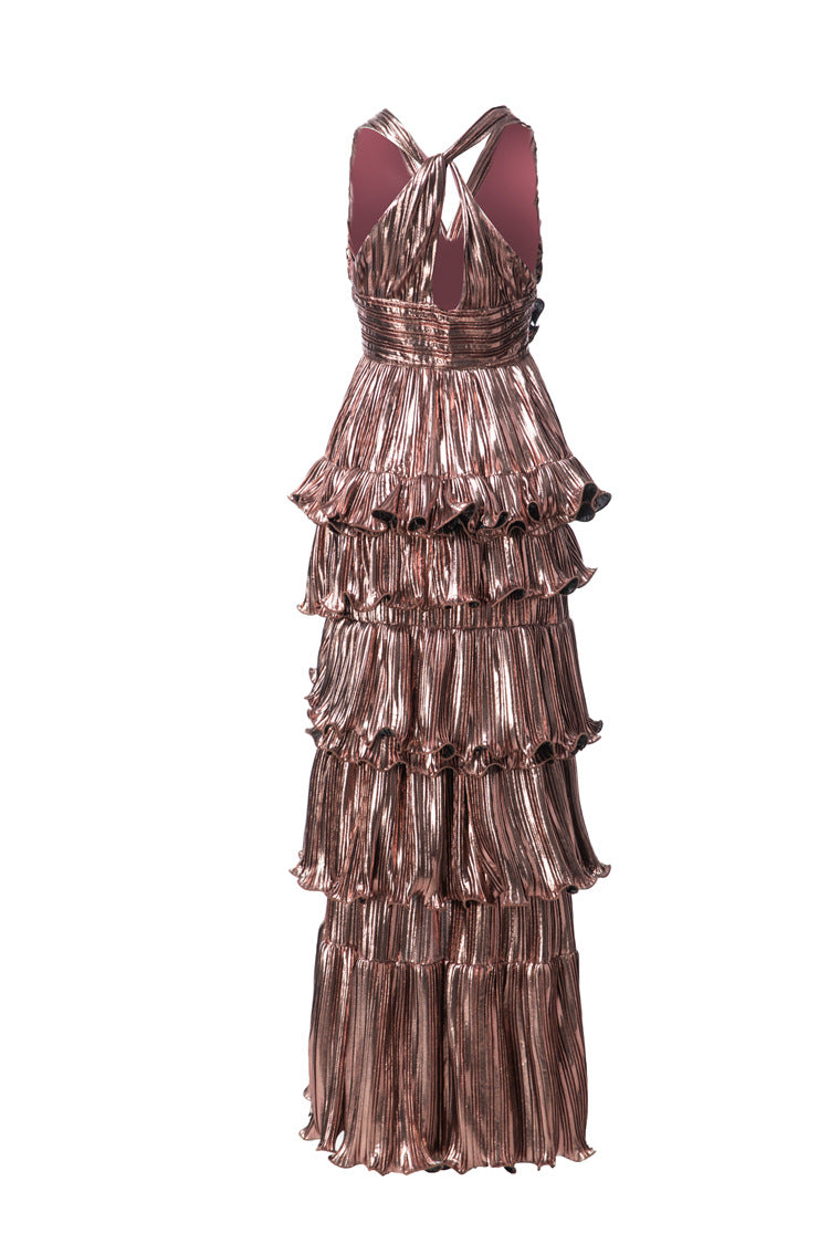 Metallic 3D Floral Tiered Ruffle High-Low Maxi Dress SP10096