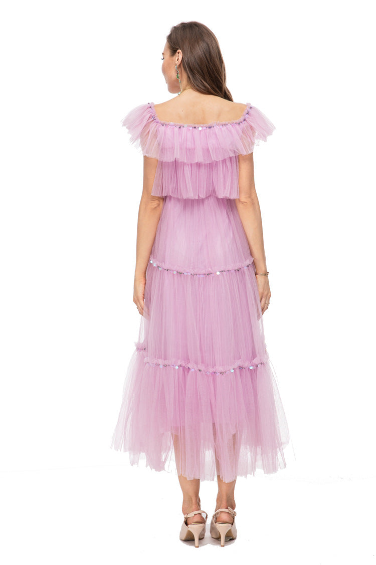 Lavender Tulle Off Shoulder Tiered Midi Dress – Fairy Party Gown SP10014