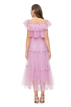 Lavender Tulle Off Shoulder Tiered Midi Dress – Fairy Party Gown SP10014
