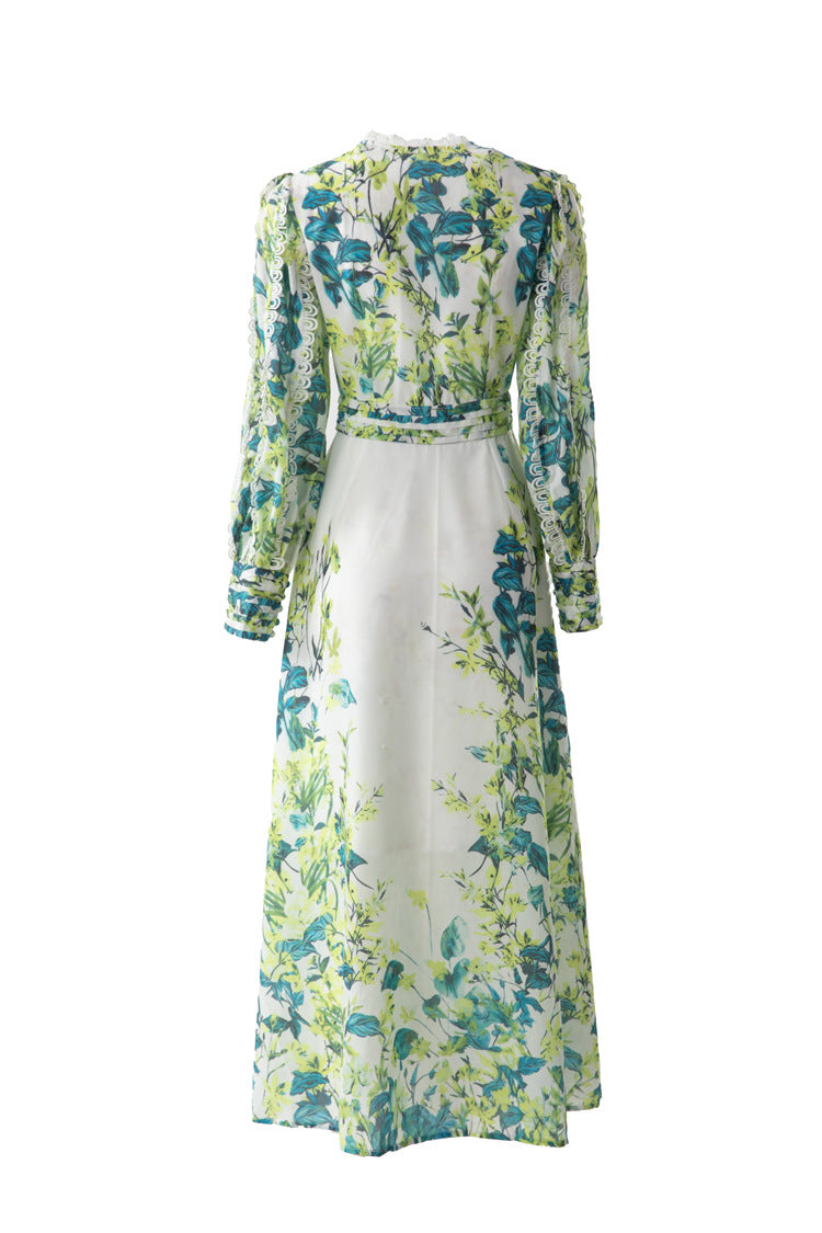 Green Floral Print Lace Trim Button Front Slit Maxi Dress SP10066