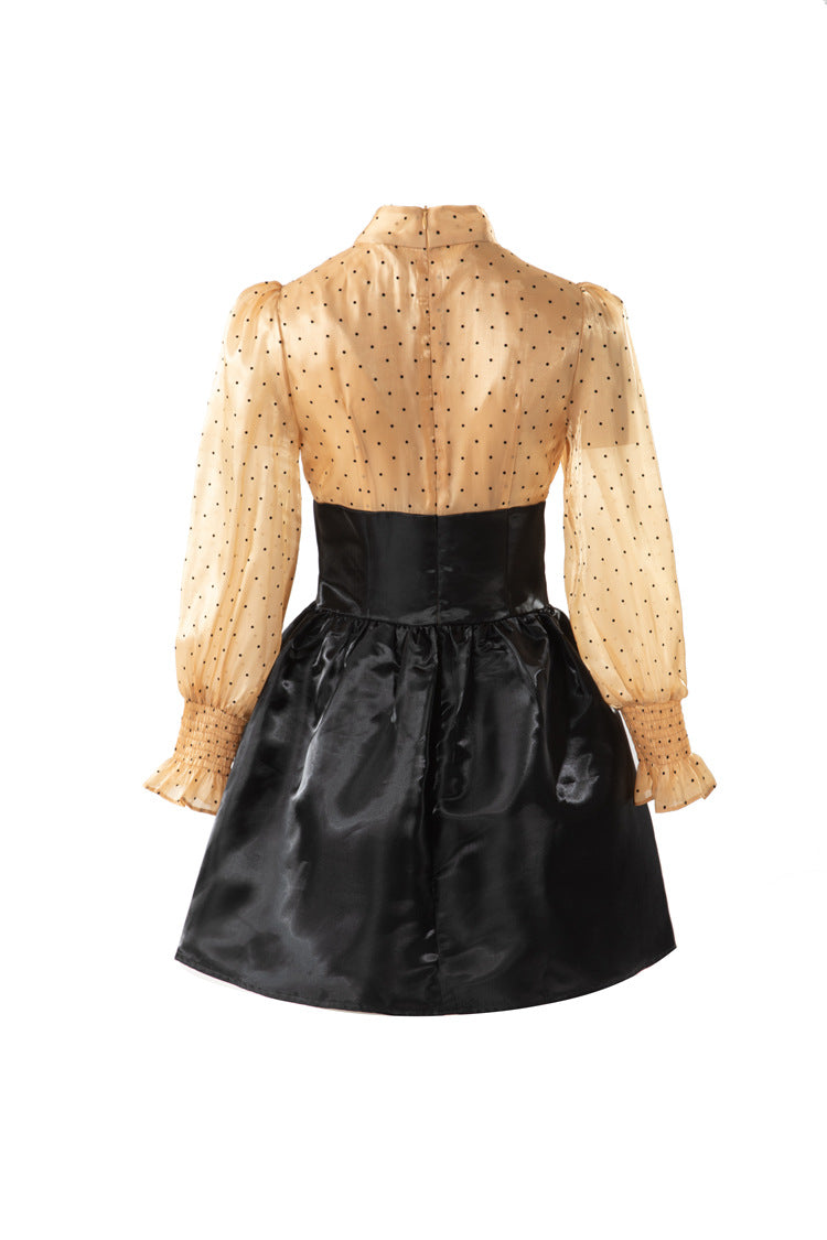 Polka Dot Puff Sleeve Satin Patchwork Mini Dress SP10084