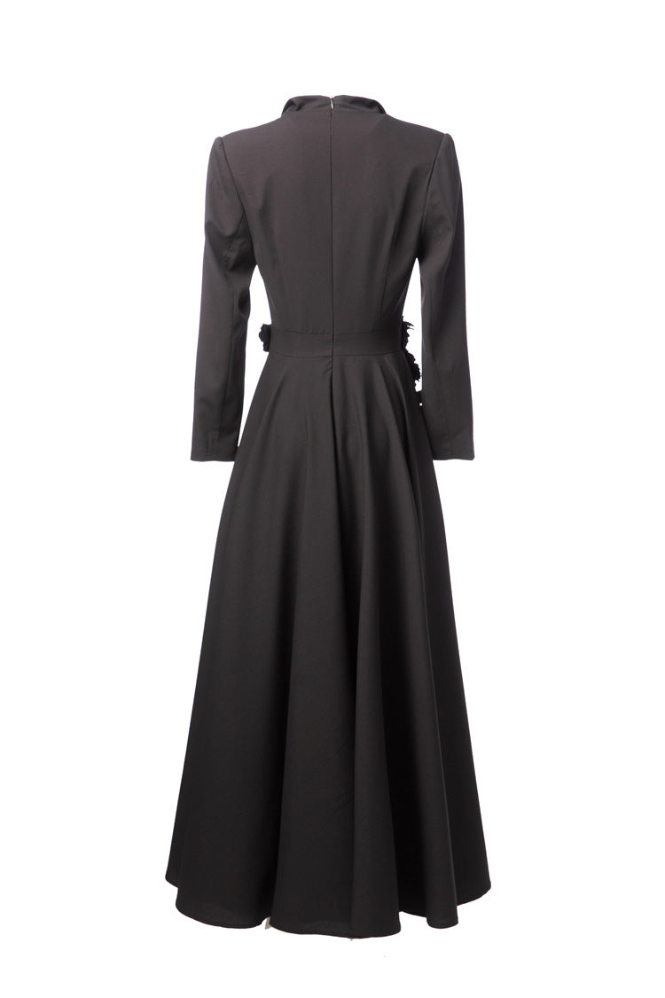 Black Suit Fabric Floral Applique A-Line Maxi Dress SP10022