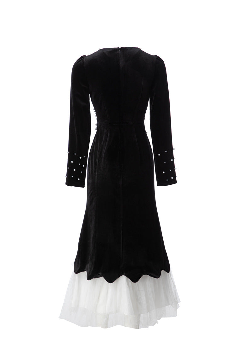 Black Velvet Mermaid Dress with Pearl Embellishments & Tulle Hem SP10114
