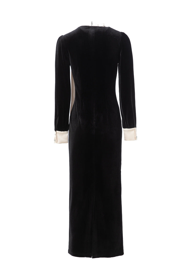 Women's Black Velvet Midi Dress with Pearl Collar & Contrast Bow Tie SP10108