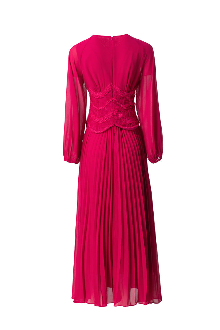 Sheer Puff Sleeve Embroidered Waist Pleated Midi Dress SP10094