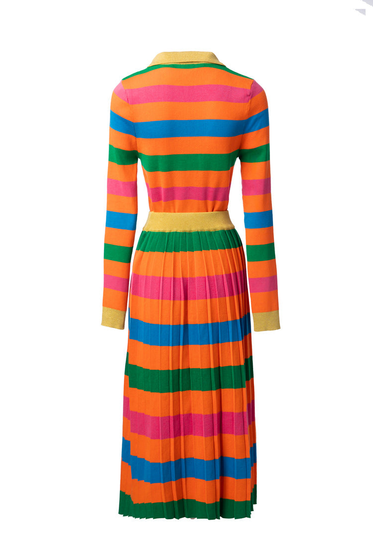 Rainbow Striped Knit Polo Top & Pleated Skirt Set SP10007
