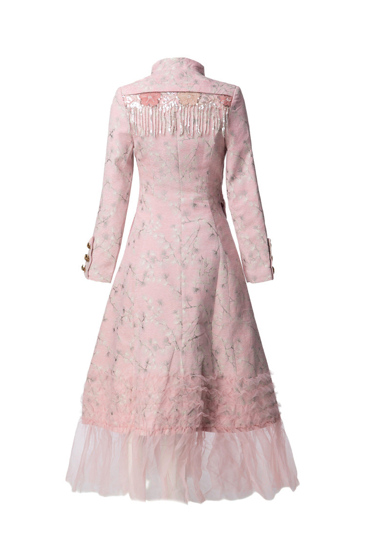 Pink Jacquard Qipao Style Dress with Fringe Shoulder Details & Tulle Hem SP10111
