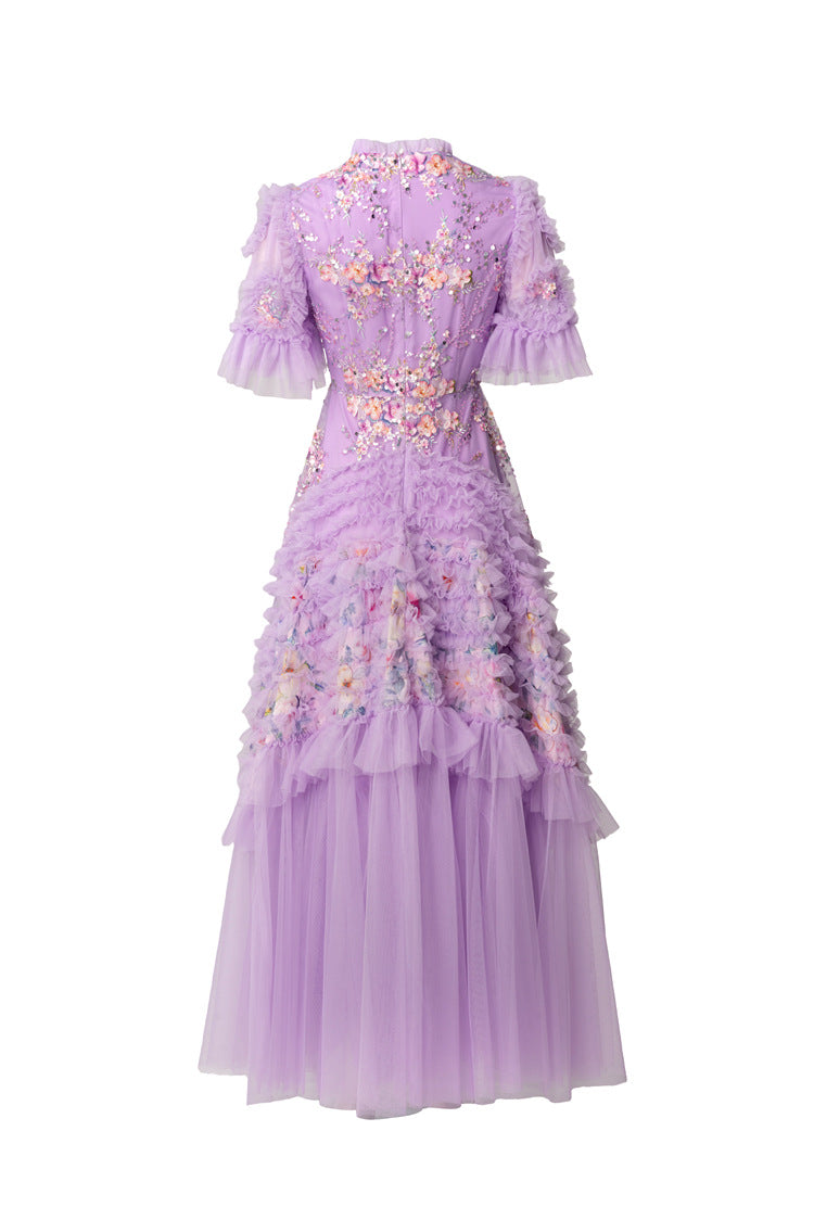 Lavender Floral Embroidery Sequin Tiered Tulle Maxi Dress SP10046