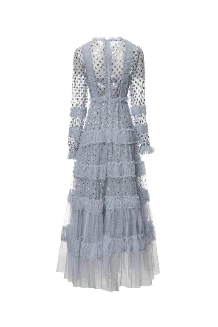 Light Blue Sequin Ruffled Tulle Tiered Maxi Dress – French Luxury Evening Gown SP10010