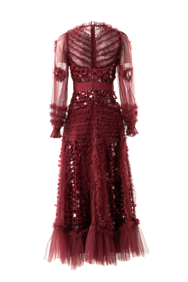 Burgundy Sequin Ruffled Tiered Tulle Midi Dress SP10076