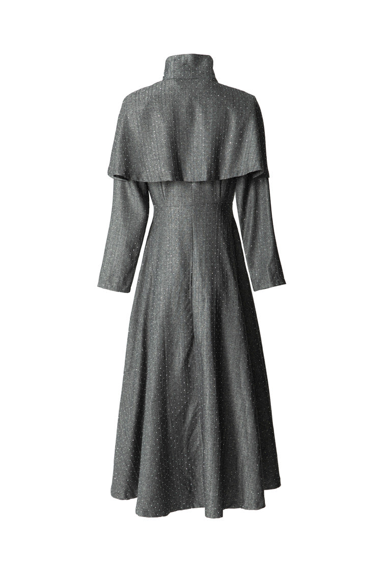 High Collar Cape Overlay Gold Button Front Slit Maxi Dress SP10060