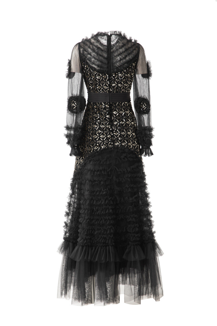 Sequin Embellished 3D Floral Tiered Tulle Maxi Dress SP10086