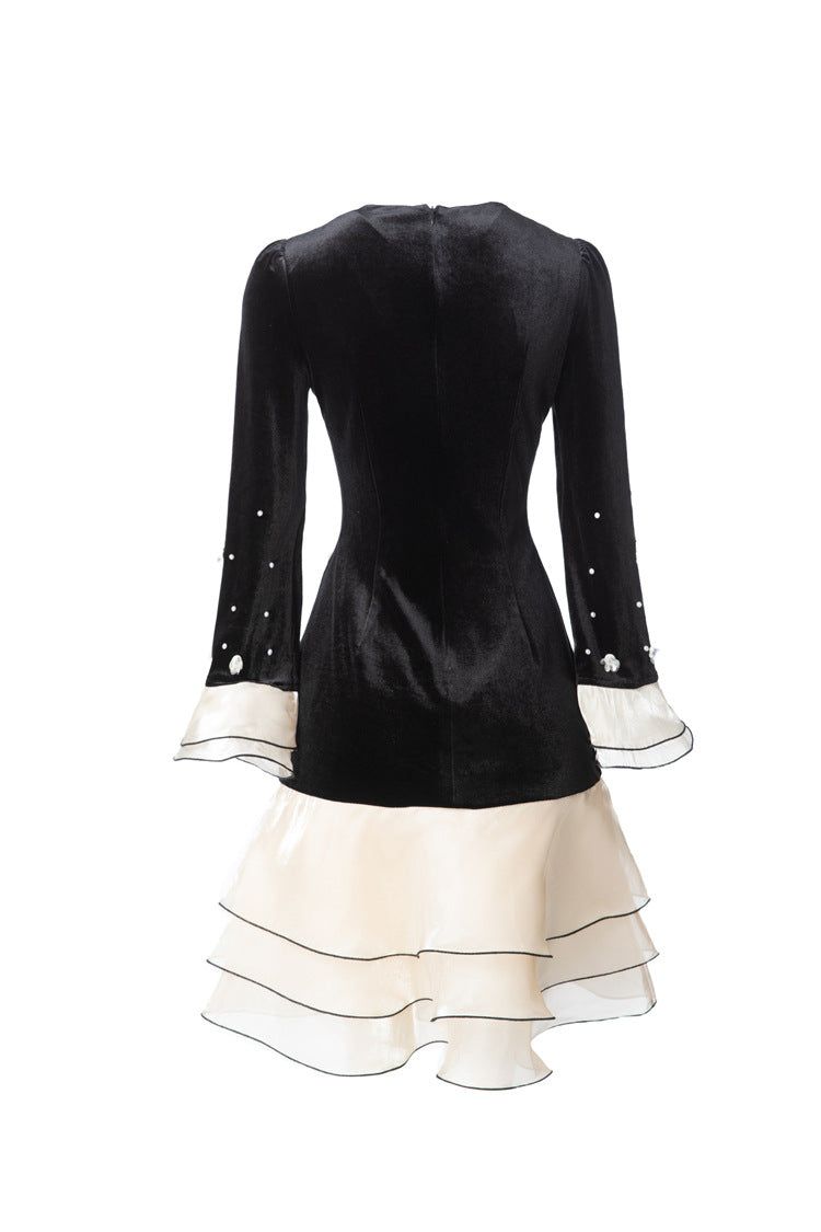 Women's French Style Velvet Dress, Round Neck Pearl & Flower Embellished Top with Satin Layered Ruffle Hem, Long Sleeve Cocktail Party Dress SP10102