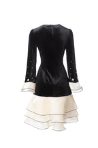 Women's French Style Velvet Dress, Round Neck Pearl & Flower Embellished Top with Satin Layered Ruffle Hem, Long Sleeve Cocktail Party Dress SP10102