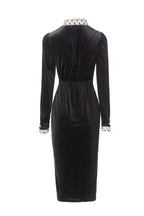 Black Velvet Dress with Polka Dot Bow Neck & Pearl Buttons SP10106