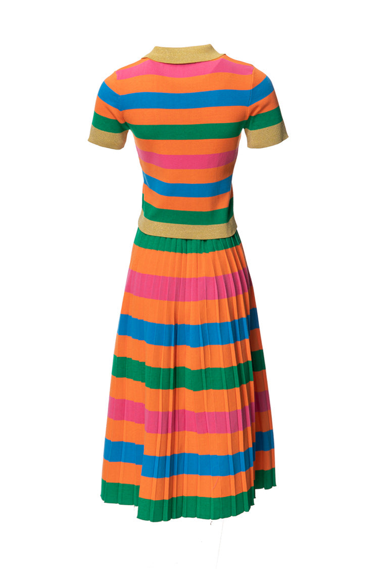 Rainbow Striped Knit Polo Top & Pleated Skirt Set SP10012