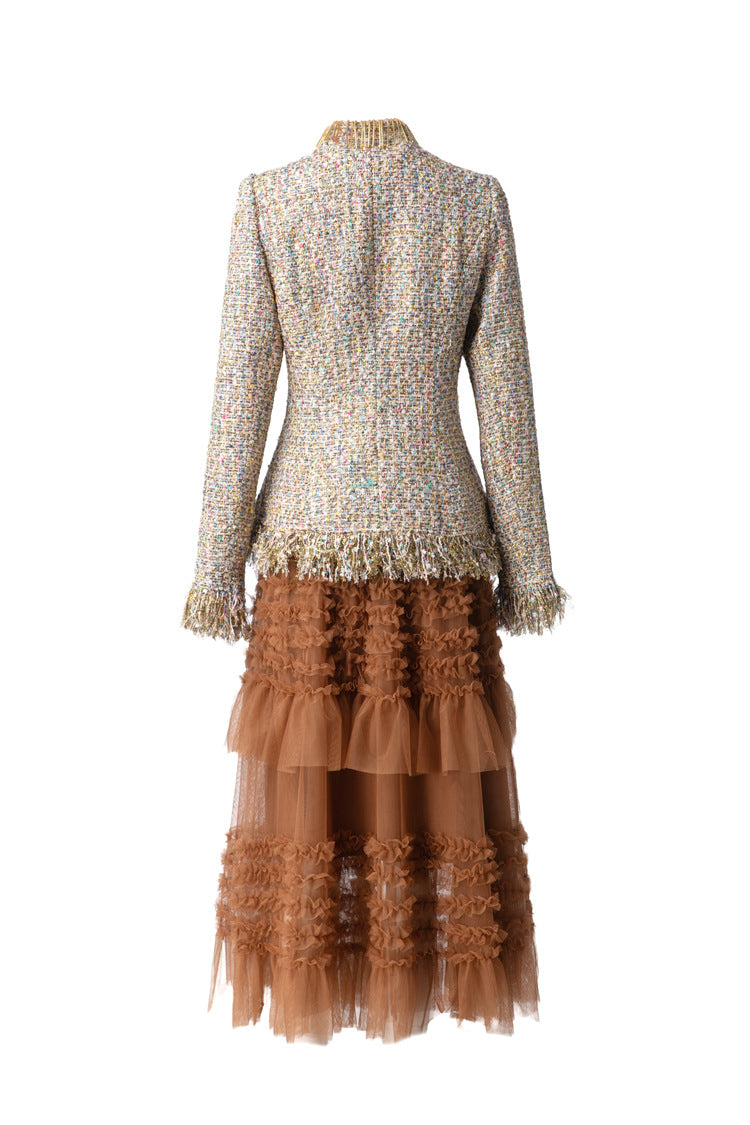 Women's Tweed 2-Piece Set, Gold Fringe Trim Tweed Jacket + Brown Tiered Tulle Maxi Skirt SP10107