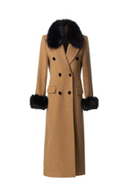 Camel Wool Blend Long Coat with Black Faux Fur Collar & Cuffs SP10112