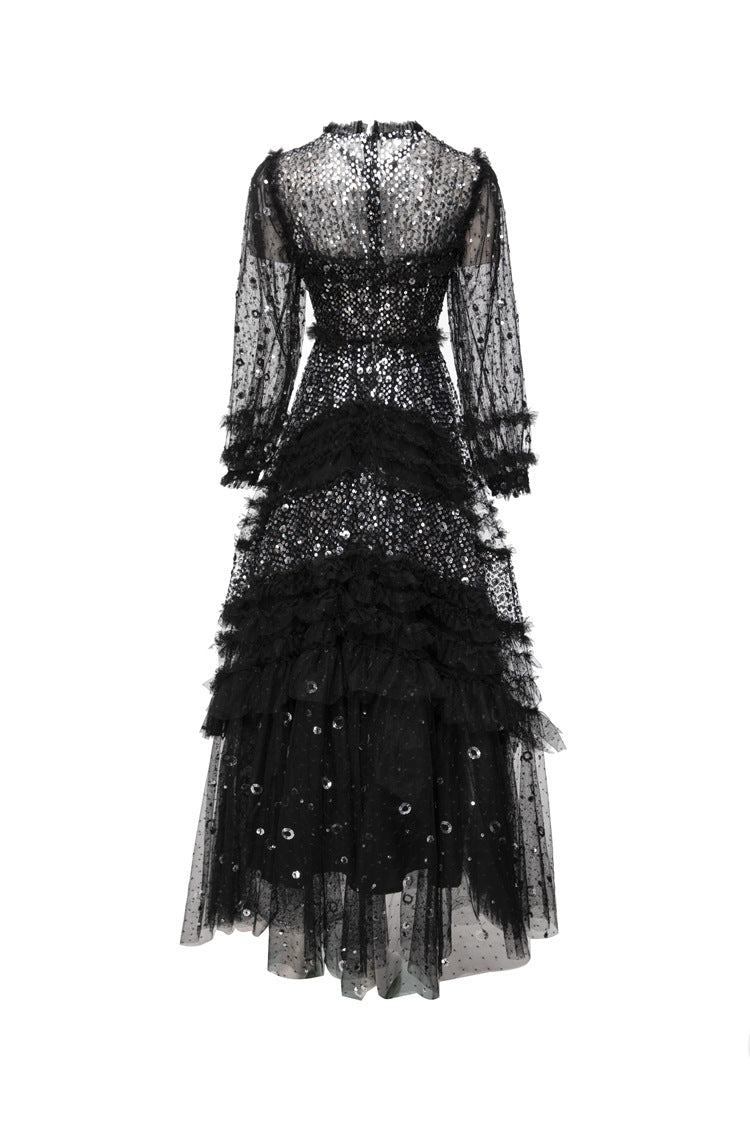 Black Sequin Beaded Tiered Tulle Maxi Evening Gown SP10031