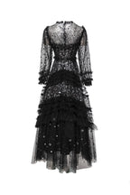 Black Sequin Beaded Tiered Tulle Maxi Evening Gown SP10031