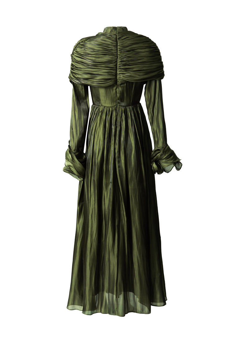 Olive Green Satin Draped Shawl Maxi Dress SP10053