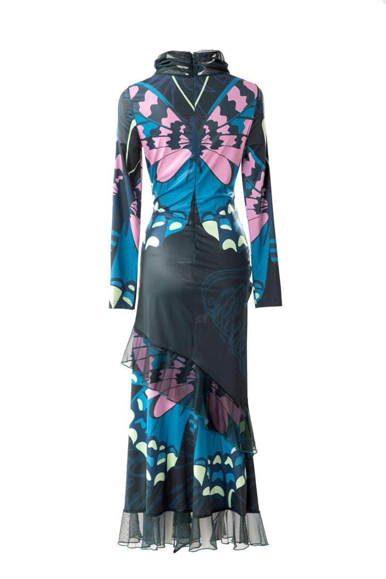High Neck Butterfly Print Layered Tulle Midi Dress SP10080