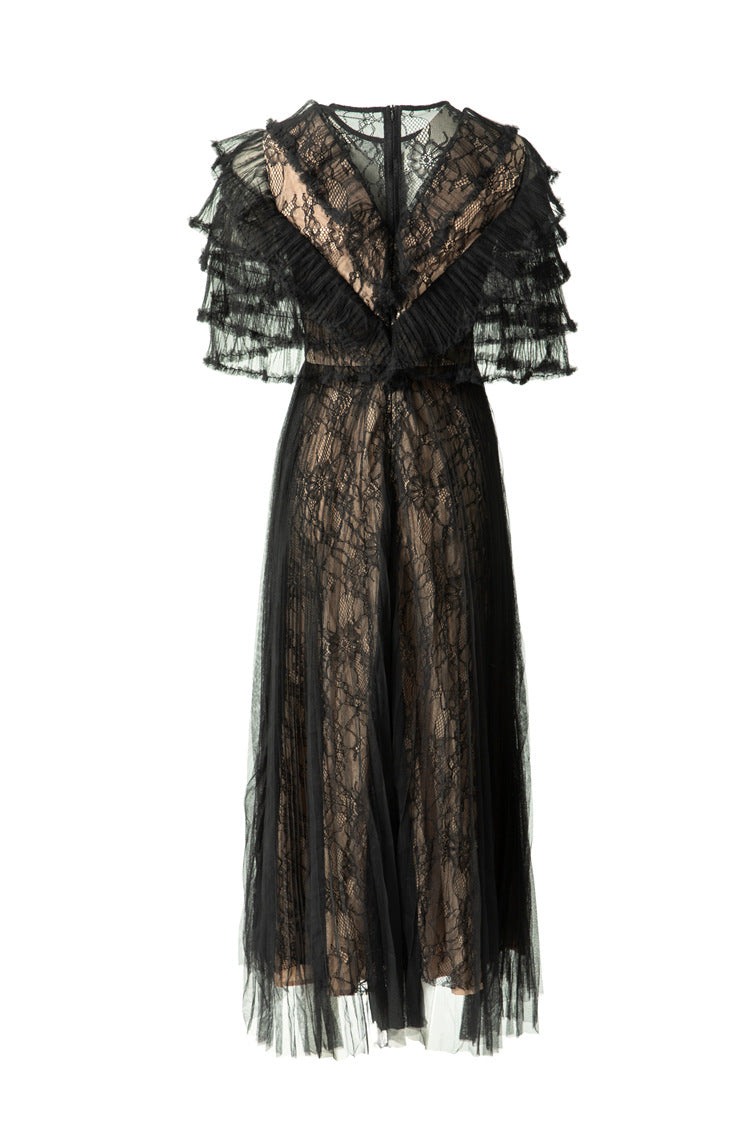 Black Lace Fake Two-Piece Ruffled Sleeve Maxi Dress SP10043