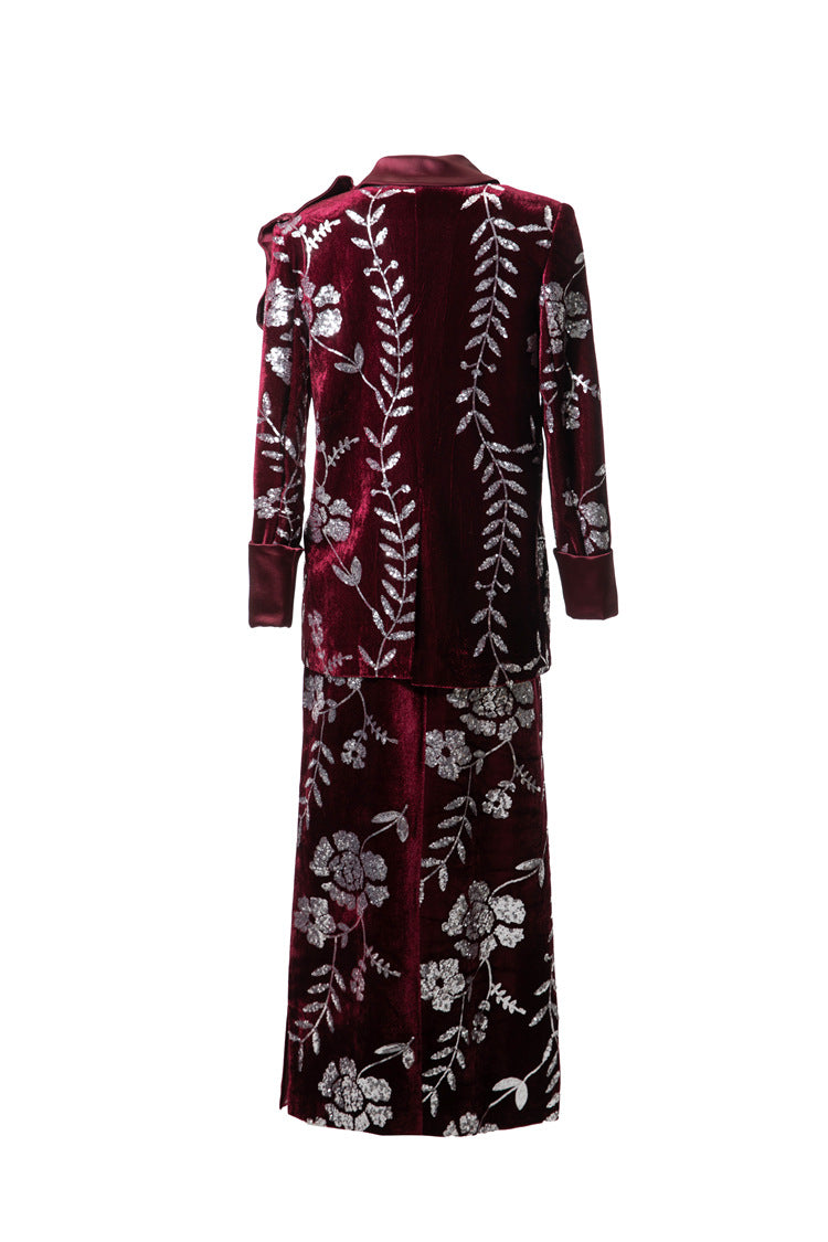 Burgundy Velvet Sequin Floral Blazer & Pencil Skirt Set SP10020