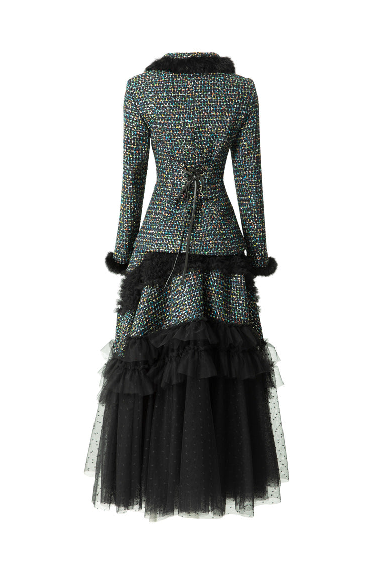 Tweed Faux Fur Trim Jacket & Tiered Tulle Skirt Two-Piece Set SP10051