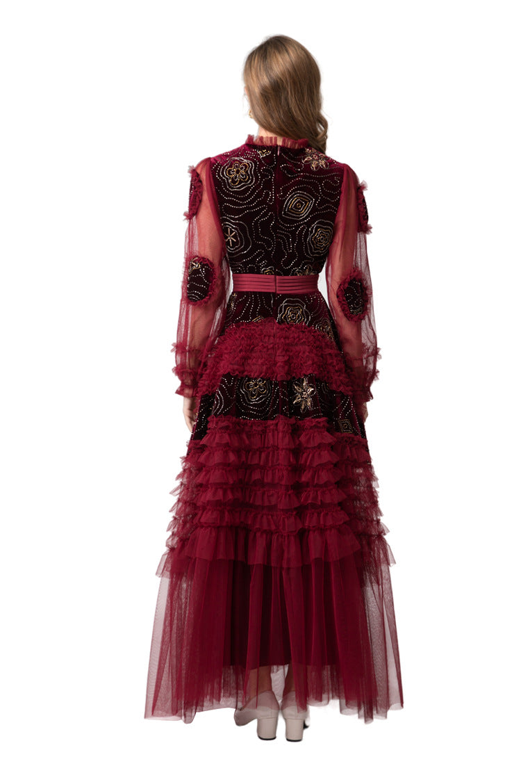 Burgundy Velvet Beaded Tulle Ruffled Sleeve Maxi Dress – French Luxury SP10006
